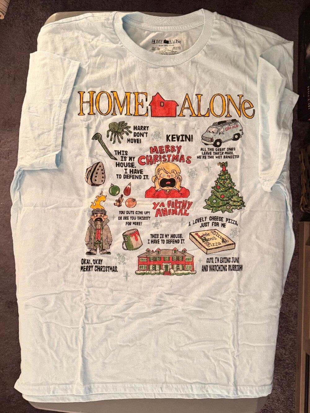 HOME ALONE Unisex T-Shirt Size XL Light Blue graphic tee Christmas Holiday